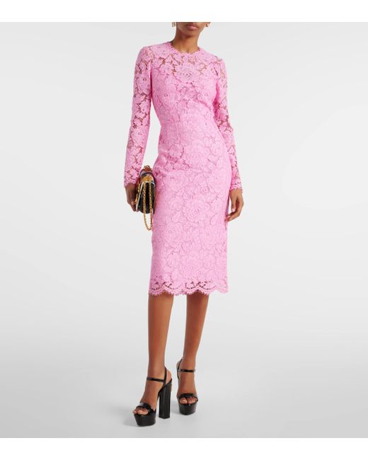 Dolce & Gabbana Pink Floral Lace Midi Dress