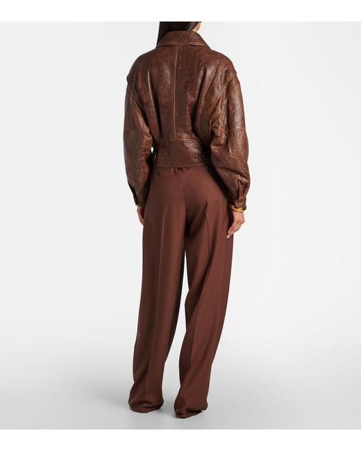 Saint Laurent Brown Double-Breasted Leather Bomber Jacket