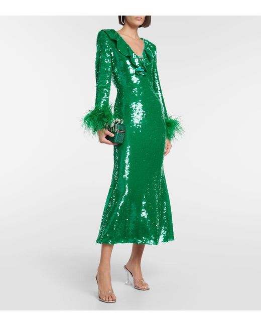 Self-Portrait Green Feather-trimmed Sequined Midi Dress