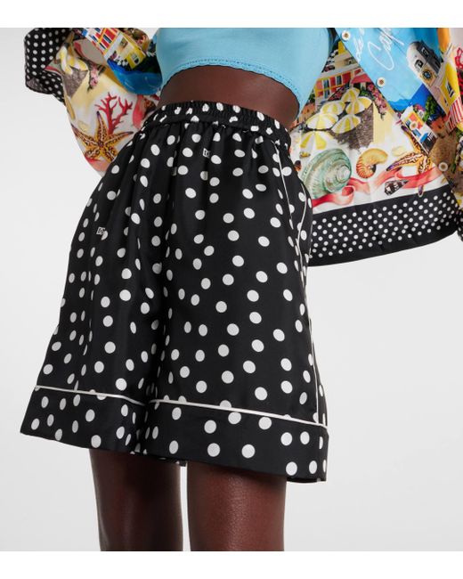 Dolce & Gabbana Black Capri Polka-dot Silk Satin Shorts
