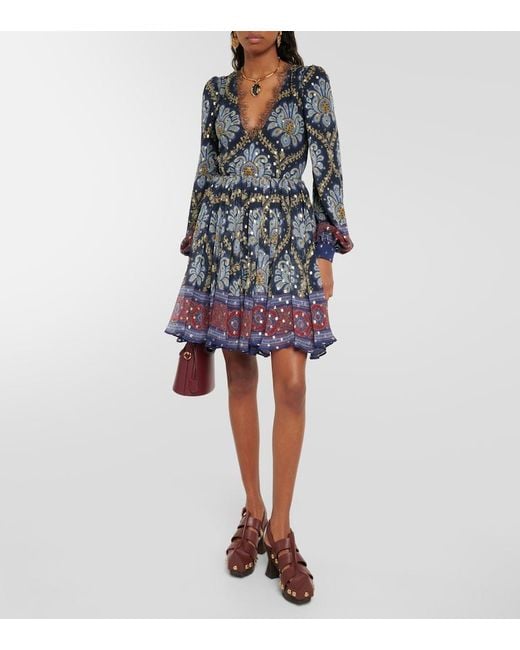 Etro Blue Balloon-Sleeve Silk Jacquard Minidress