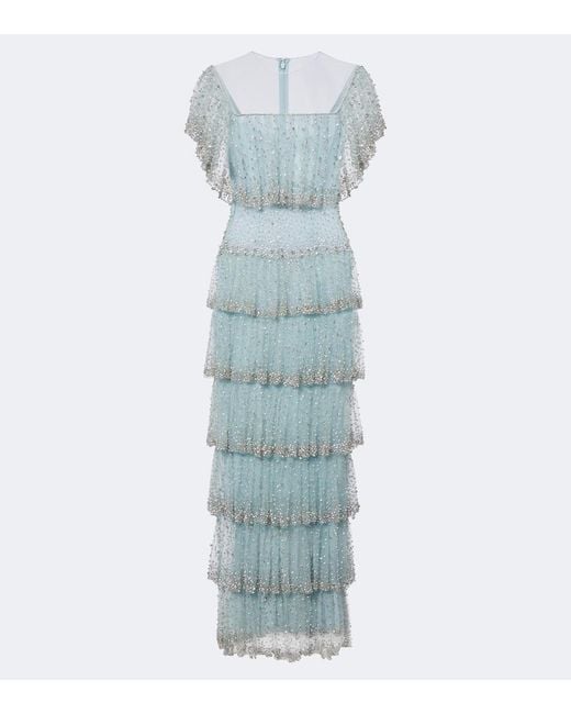 Costarellos Blue Crystal-Embellished Tiered Mesh Gown