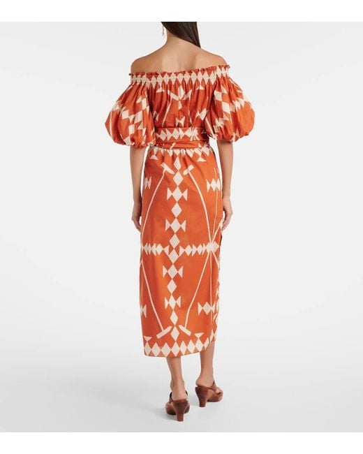 Johanna Ortiz Orange Bedrucktes Midikleid Aus Baumwollpopeline