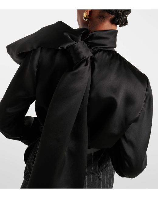 Saint Laurent Black Gathered Silk Satin Blouse