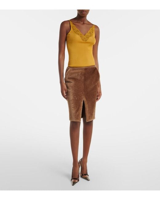Saint Laurent Yellow Lace-Trimmed Ribbed-Knit Silk Top