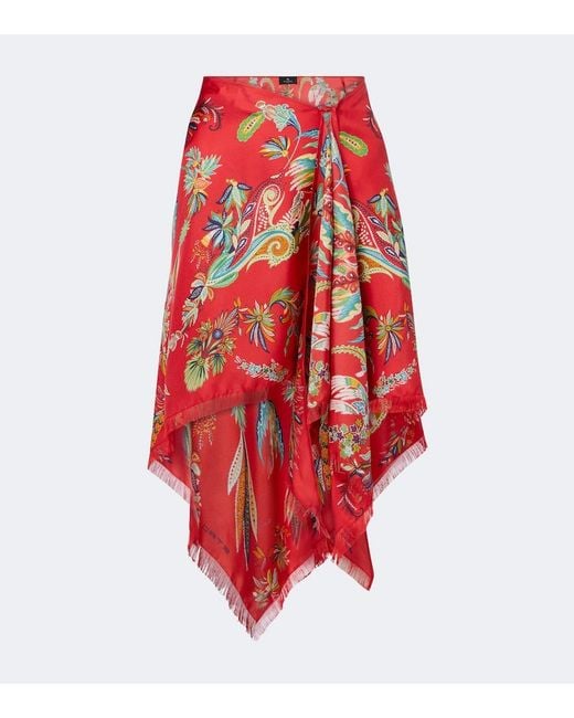Etro Red Paisley Asymmetric Silk Twill Miniskirt