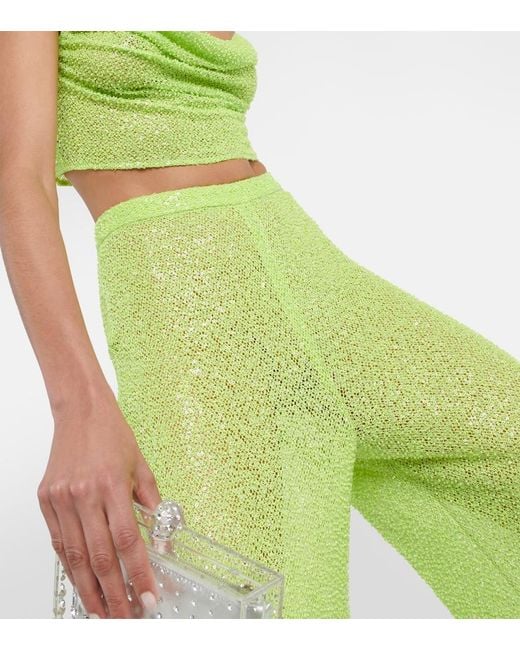 Self-Portrait Green Wide-Leg Sequined Pants