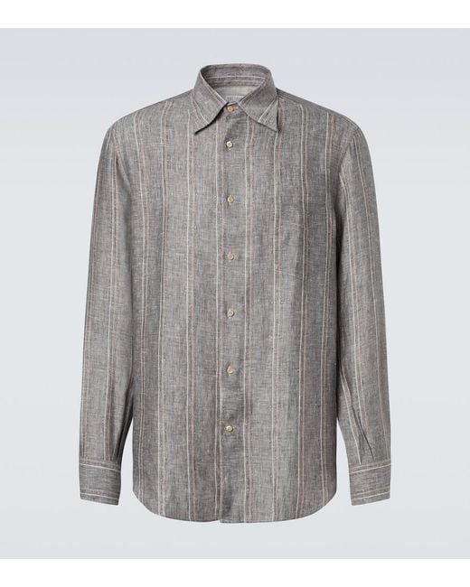 Brunello Cucinelli Gray Pinstripe Linen Shirt for men