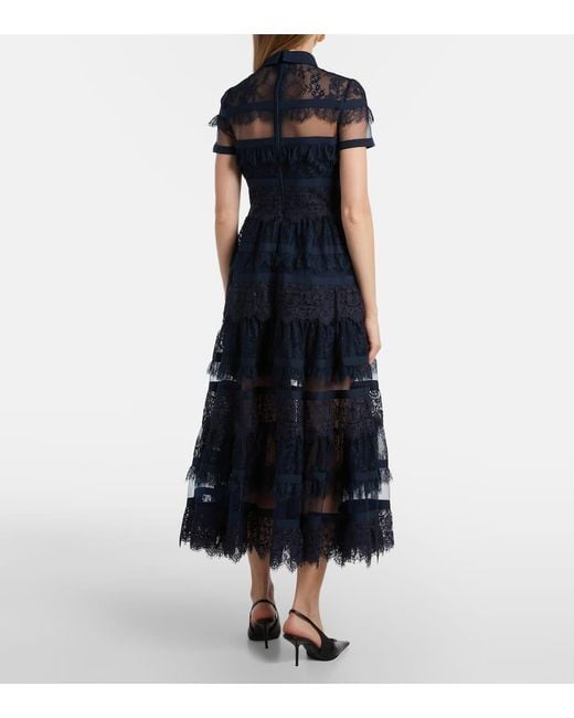 Elie Saab Blue Tie-Neck Lace Midi Dress