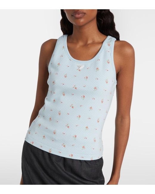 Prada Blue Floral Cotton-Blend Tank Top