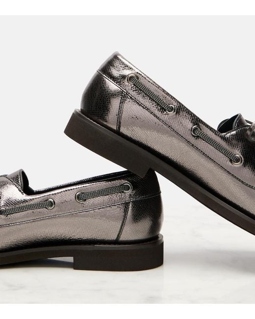 Brunello Cucinelli Black Monili Metallic Leather Boat Shoes