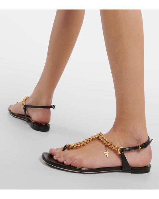 Tom Ford Black Leather Chain T-Bar Sandals 105