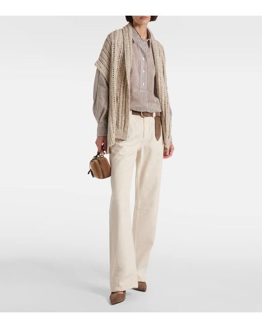 Brunello Cucinelli Natural Dazzling Silk And Linen-Blend Wrap Cardigan
