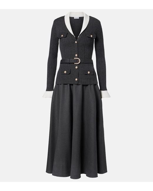 Self-Portrait Black Belted Ribbed-Knit Midi Dress