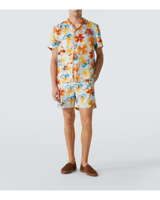 Orlebar Brown Blue Hibbert Floral Silk Bowling Shirt for men