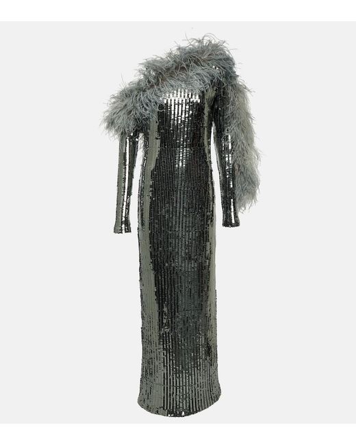 Taller Marmo Gray Garbo Disco Feather-Trimmed Sequined Gown