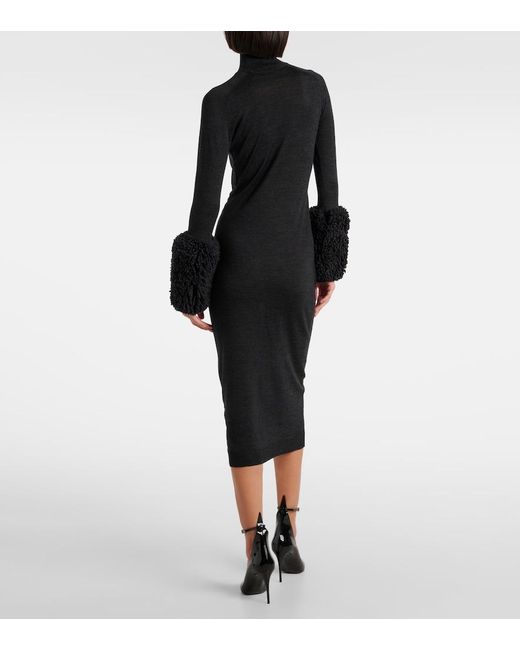 Alaïa Black Faux Shearling-Trimmed Wool Dress