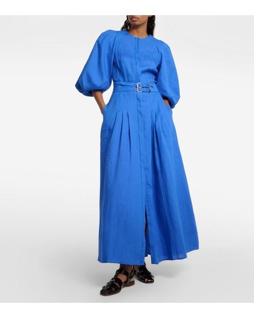 Gabriela Hearst Blue Elea Puff-Sleeve Linen Maxi Dress
