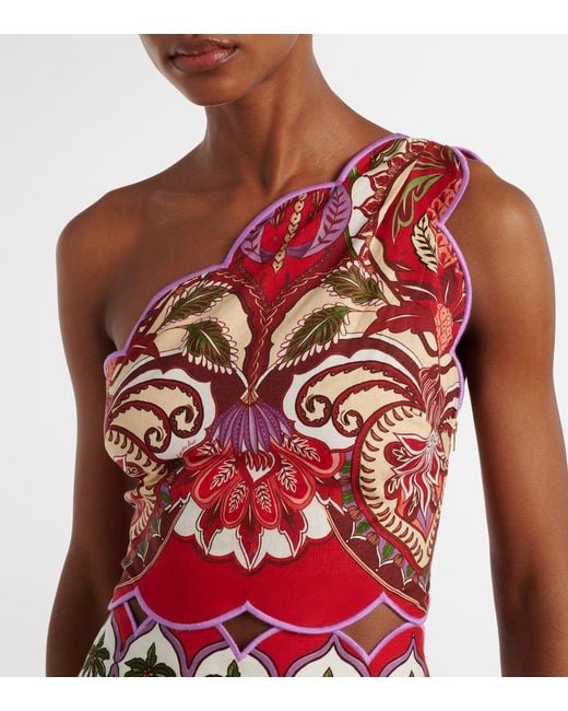 Farm Rio Red Odara One-Shoulder Linen-Blend Top