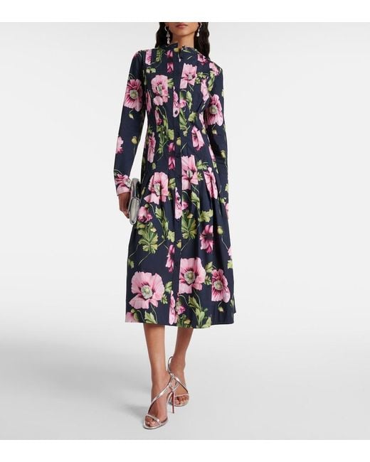 Oscar de la Renta Multicolor Floral Cotton-Blend Midi Dress