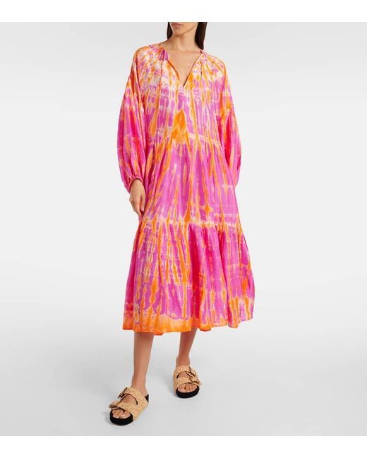 Anna Kosturova Pink Amelia Tie-Dye Tiered Silk Midi Dress