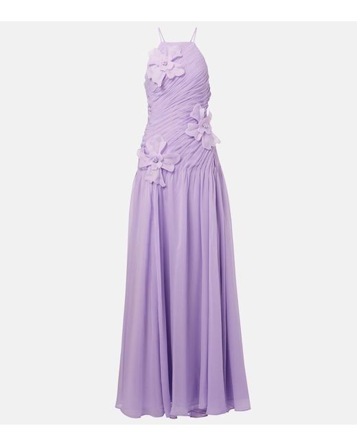 LEO LIN Purple Amaya Floral-Applique Gathered Gown