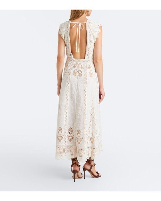 Johanna Ortiz White Embroidered Crochet Midi Dress
