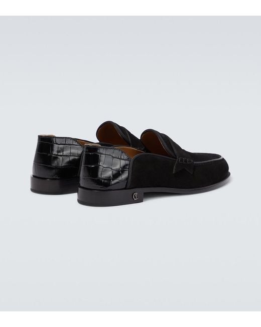 Christian Louboutin Black Penny No Back Suede And Croc-Effect Loafers for men