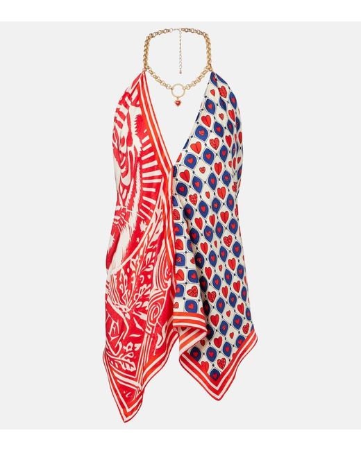 Camilla Red Chain-Detail Printed Silk Twill Top