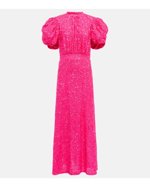 ROTATE BIRGER CHRISTENSEN Pink Sequined Puff-sleeve Maxi Dress