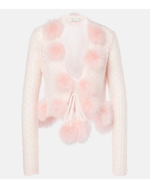 Blumarine Pink Feather-Trimmed Mohair And Wool-Blend Cardigan