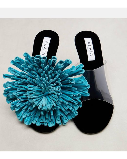 Alaïa Blue Dahlia 90 Floral-Applique Leather And Pu Mules