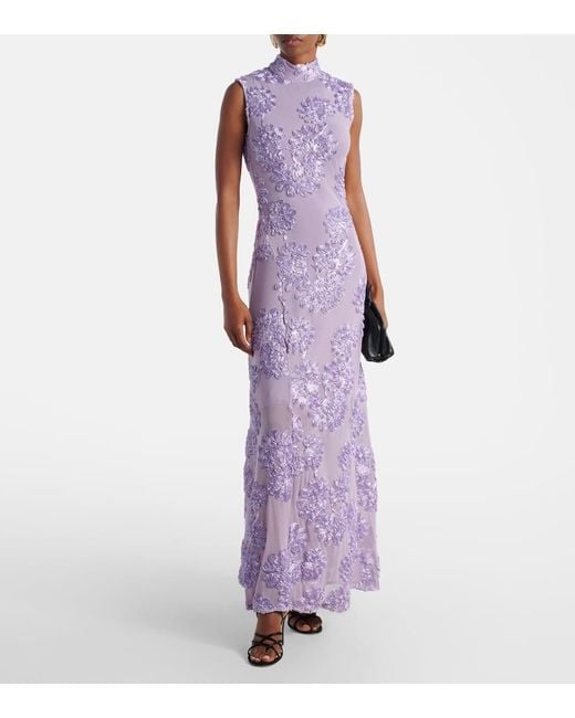 ROTATE BIRGER CHRISTENSEN Purple Floral Embroidered Mesh Maxi Dress
