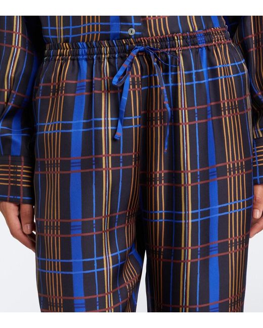 Asceno Blue Aurelia Plaid Silk Twill Wide-Leg Pants