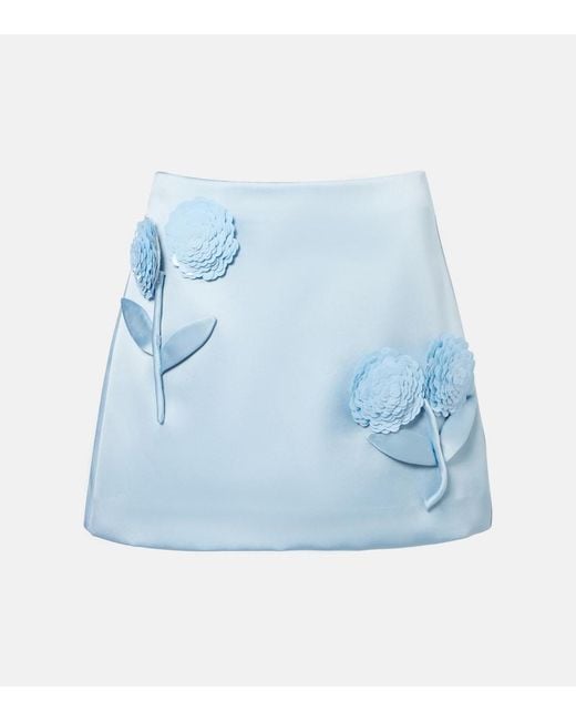 Self-Portrait Blue Floral-Applique Satin Miniskirt