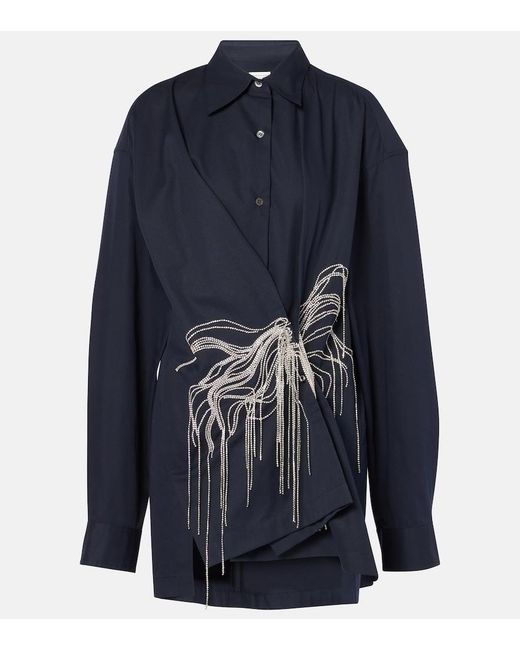 Dries Van Noten Blue Embellished Draped Cotton Gabardine Shirt