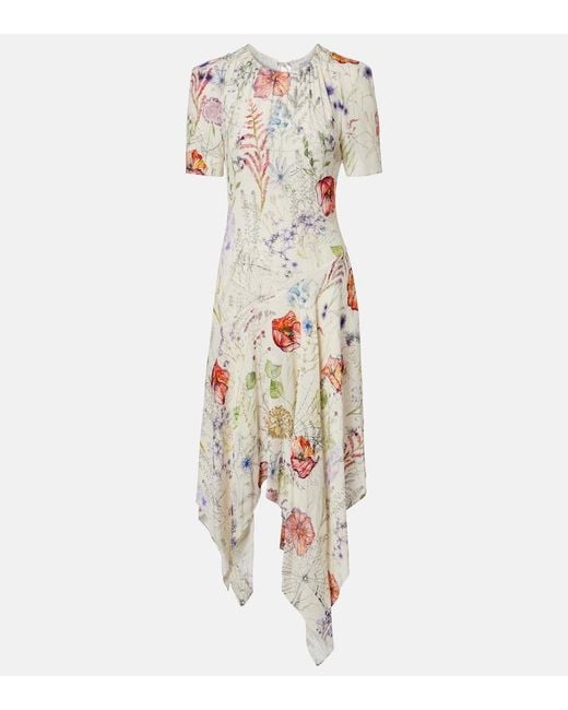 McQueen Metallic Meadow Floral Asymmetric Midi Dress