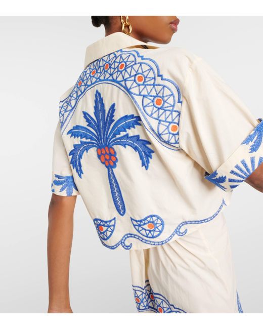 Johanna Ortiz Blue Embroidered Cropped Cotton Shirt