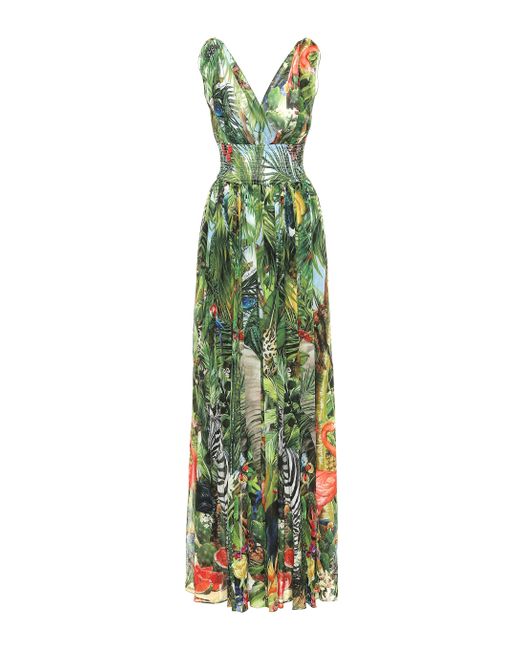 Dolce & Gabbana Green Langes Kleid Aus Georgette Jungle-Print