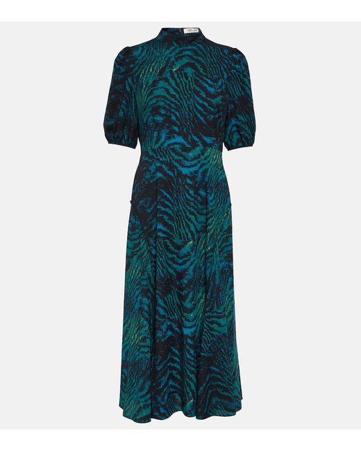 Diane von Furstenberg Blue Nella Tiger-Print Crepe Midi Dress