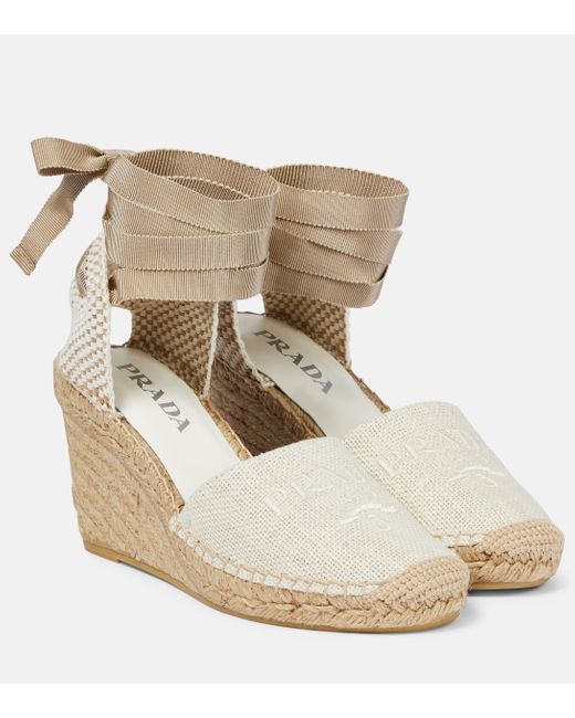 Prada Espadrille Linen Wedge Sandals in Natural Lyst UK