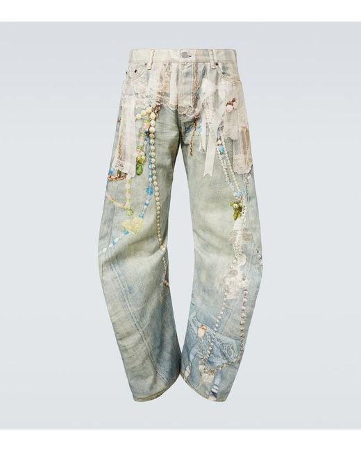 Acne Blue Distressed Printed Barrel-Leg Jeans for men