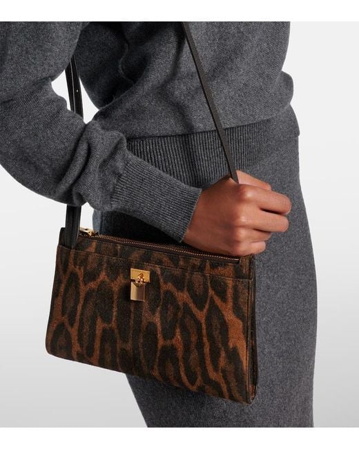 Tom Ford Brown Padlock Leopard-Print Suede Crossbody Bag