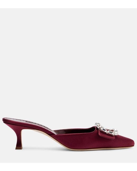 Manolo Blahnik Red Mayjou 50 Crystal-Embellished Satin Mules
