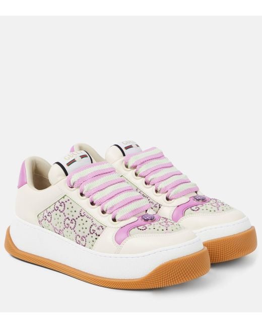 Gucci White Screener GG Crystal Leather Sneakers