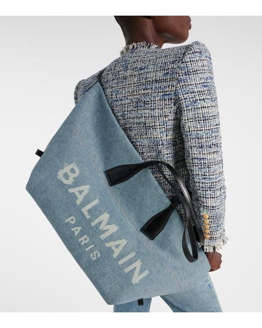 Balmain Blue Track Leather-Trimmed Denim Tote Bag