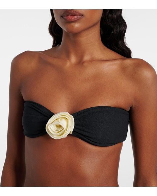 SAME Black Rosette Floral-Applique Bandeau Bikini Top
