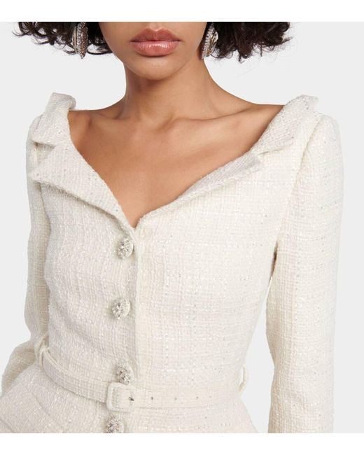 Self-Portrait Off-Shoulder Boucl Tailored Midi Dress in Natural | Lyst UK