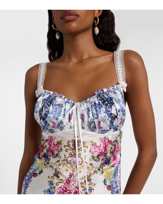 Camilla Blue Embellished Printed Silk Satin Midi Dress