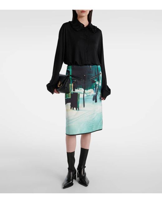 Jil Sander Green Printed Leather-Trimmed Midi Skirt